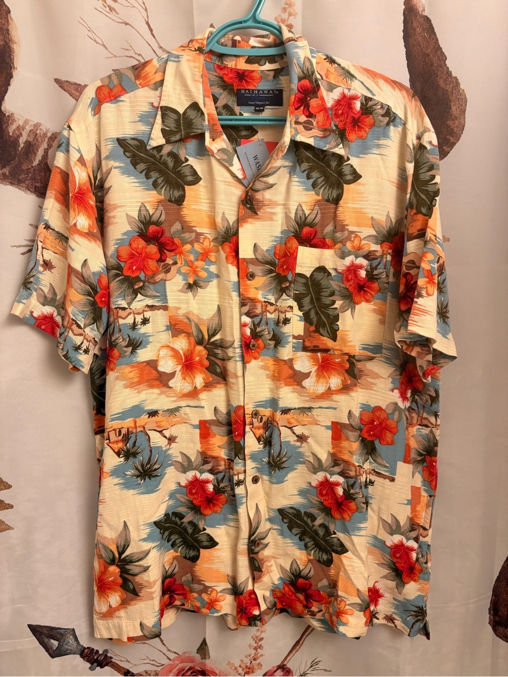 New Men's Cream Floral Hawaiian Shirt - Orange & Blue